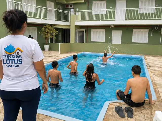 Atividade de lazer na piscina da Casa Lar, com identidades preservadas