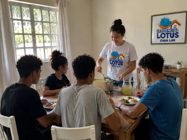 Refeição comunitária na Casa Lar, com identidades preservadas