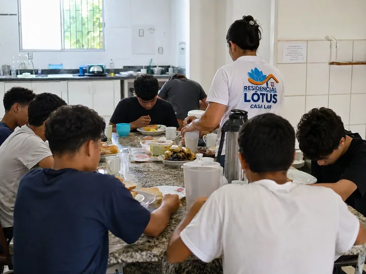 Momento de convivência e refeição na Casa Lar, com identidades preservadas
